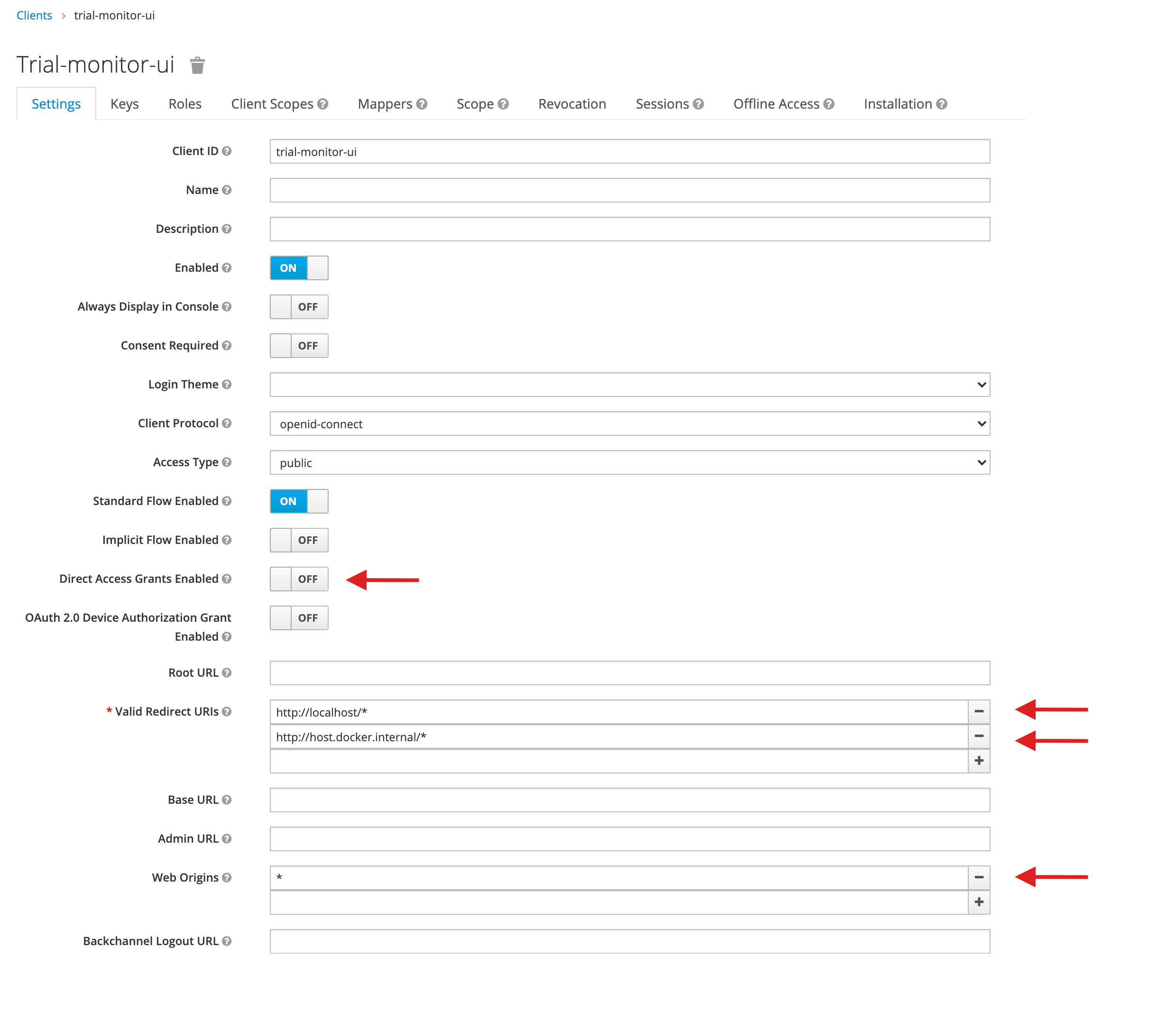 Configuration of the trial monitor ui client